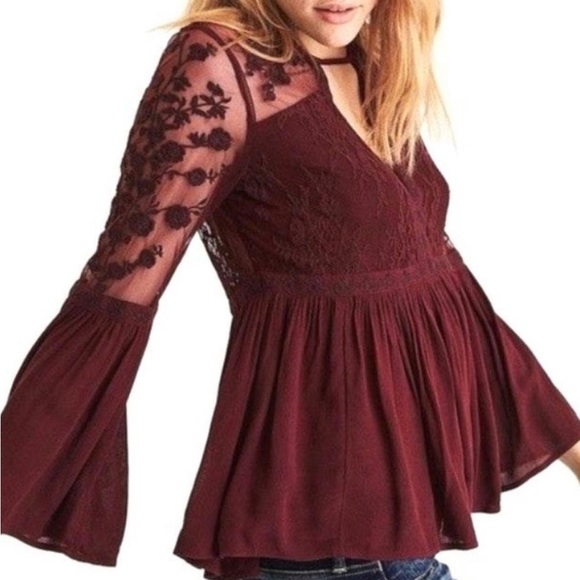 American Eagle Outfitters Burgundy Lace Peplum Top Size L Whimsygoth Witchy Boho - Picture 1 of 11